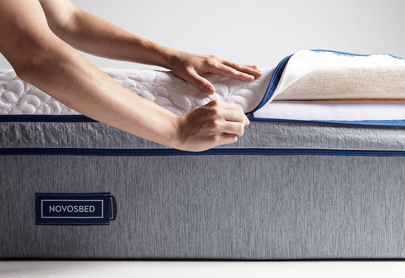 Image of a person zipping on the removable Comfort+ firmness adjustment kit on the Novosbed premium memory foam mattress.