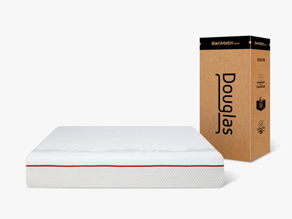 douglas-10-fr Vue de devant du matelas Douglas avec boîte de livraison